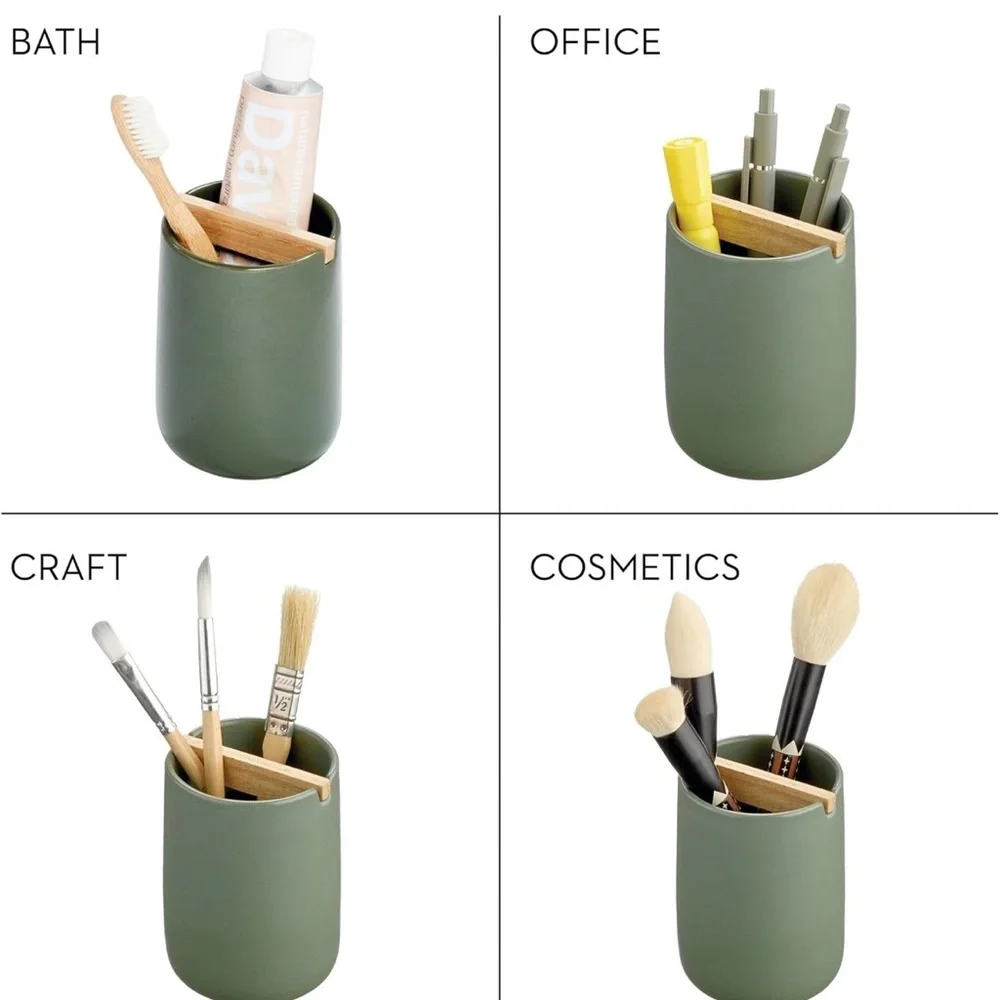 iDesign Ceramic Earth Collection Toothbrush Holder with Paulownia Wood Divider
